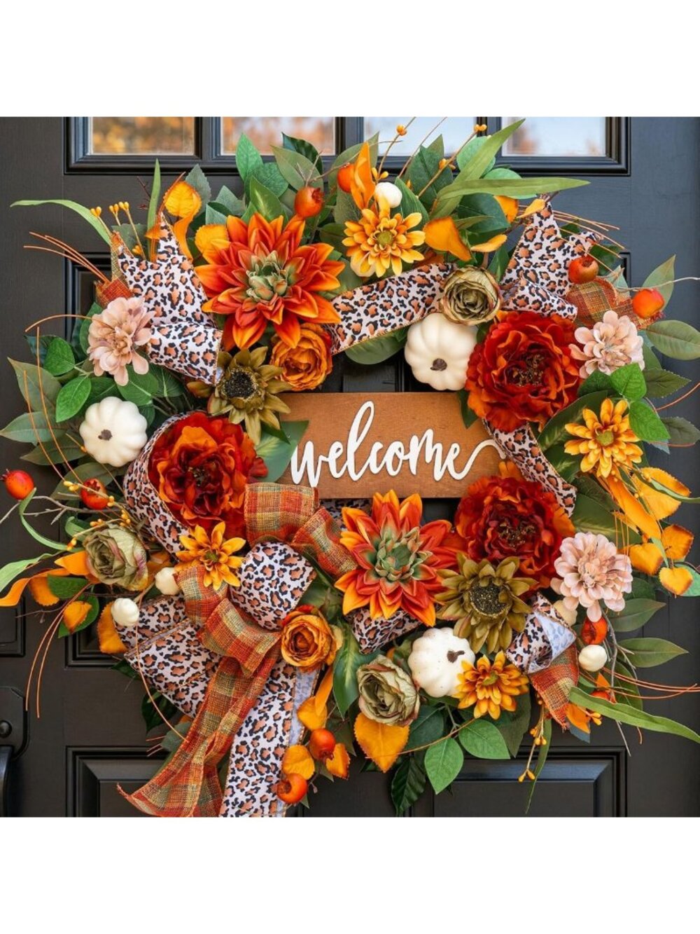 24-Inch Autumn Front Door Wreath with Welcome Sign - Fall Decor for Home